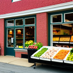 **

A vibrant, community-owned grocery store in a small New England town (like Vermont). The exterior features a renovated brick building with large windows displaying fresh produce. Inside, diverse community members shop, laughing and interacting with friendly staff. The scene should convey a sense of warmth, connection, and community revitalization. Focus on natural lighting and realistic details, showcasing the store as a hub for healthy food and social interaction. --ar 3:2 --v 5

**
