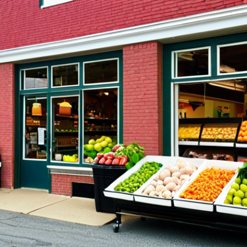 **

A vibrant, community-owned grocery store in a small New England town (like Vermont). The exterior features a renovated brick building with large windows displaying fresh produce. Inside, diverse community members shop, laughing and interacting with friendly staff. The scene should convey a sense of warmth, connection, and community revitalization. Focus on natural lighting and realistic details, showcasing the store as a hub for healthy food and social interaction. --ar 3:2 --v 5

**
