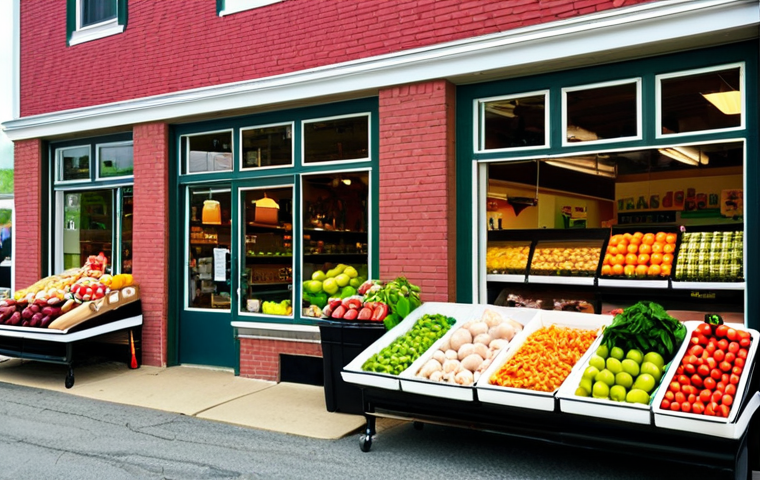 **

A vibrant, community-owned grocery store in a small New England town (like Vermont). The exterior features a renovated brick building with large windows displaying fresh produce. Inside, diverse community members shop, laughing and interacting with friendly staff. The scene should convey a sense of warmth, connection, and community revitalization. Focus on natural lighting and realistic details, showcasing the store as a hub for healthy food and social interaction. --ar 3:2 --v 5

**