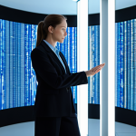 A professional individual, fully clothed in modest business attire, stands contemplatively in a sleek, modern data visualization center. Around them, transparent digital screens and holographic projections display a kaleidoscope of shifting, interconnected data streams and fragmented, overlapping imagery, representing multiple perspectives and the fluidity of truth. The environment is clean and high-tech, with soft, diffused lighting. This image is safe for work, appropriate content, and family-friendly. It features perfect anatomy, correct proportions, a natural pose, well-formed hands, proper finger count, natural body proportions, and is captured with professional photography in high quality.