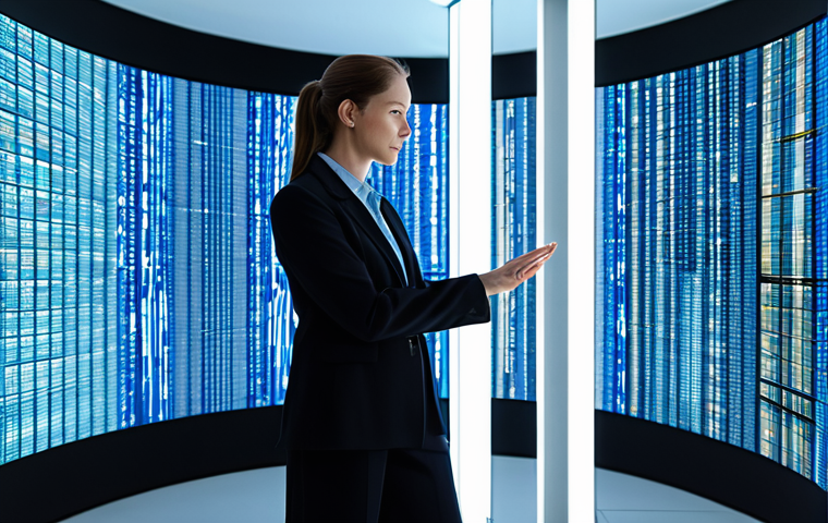 A professional individual, fully clothed in modest business attire, stands contemplatively in a sleek, modern data visualization center. Around them, transparent digital screens and holographic projections display a kaleidoscope of shifting, interconnected data streams and fragmented, overlapping imagery, representing multiple perspectives and the fluidity of truth. The environment is clean and high-tech, with soft, diffused lighting. This image is safe for work, appropriate content, and family-friendly. It features perfect anatomy, correct proportions, a natural pose, well-formed hands, proper finger count, natural body proportions, and is captured with professional photography in high quality.