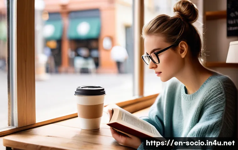 문화사회학 - **Prompt:** A cozy, sun-drenched coffee shop scene. A young woman with a messy bun and oversized gla...