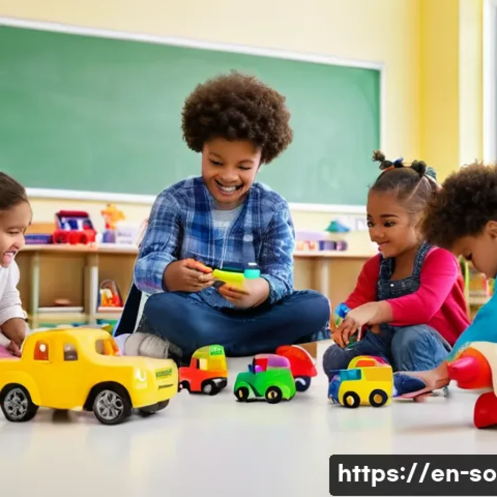 젠더 사회학과 페미니즘 이론 - A diverse group of children playing together in a bright, modern classroom, each child dressed in co...