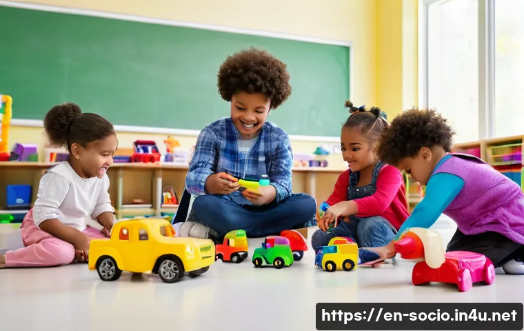 젠더 사회학과 페미니즘 이론 - A diverse group of children playing together in a bright, modern classroom, each child dressed in co...