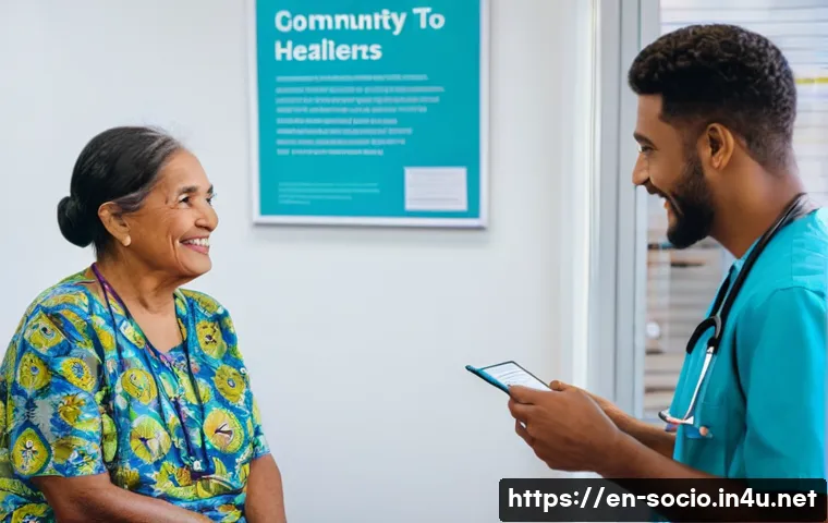 의료사회학 - A vibrant community health clinic scene in an urban neighborhood, showing diverse patients of variou...