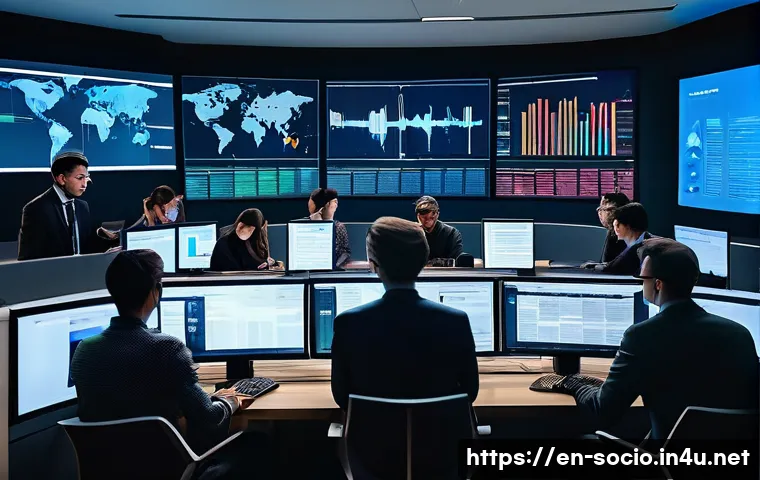 사회적 이슈와 미디어 - A dynamic newsroom scene showing diverse journalists and editors collaborating around a large digita...