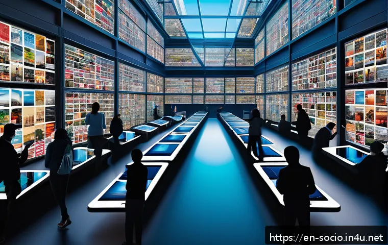 사회적 담론과 미디어 영향 - A dynamic digital art scene depicting a diverse group of people engaged with multiple media devices&mdash;...
