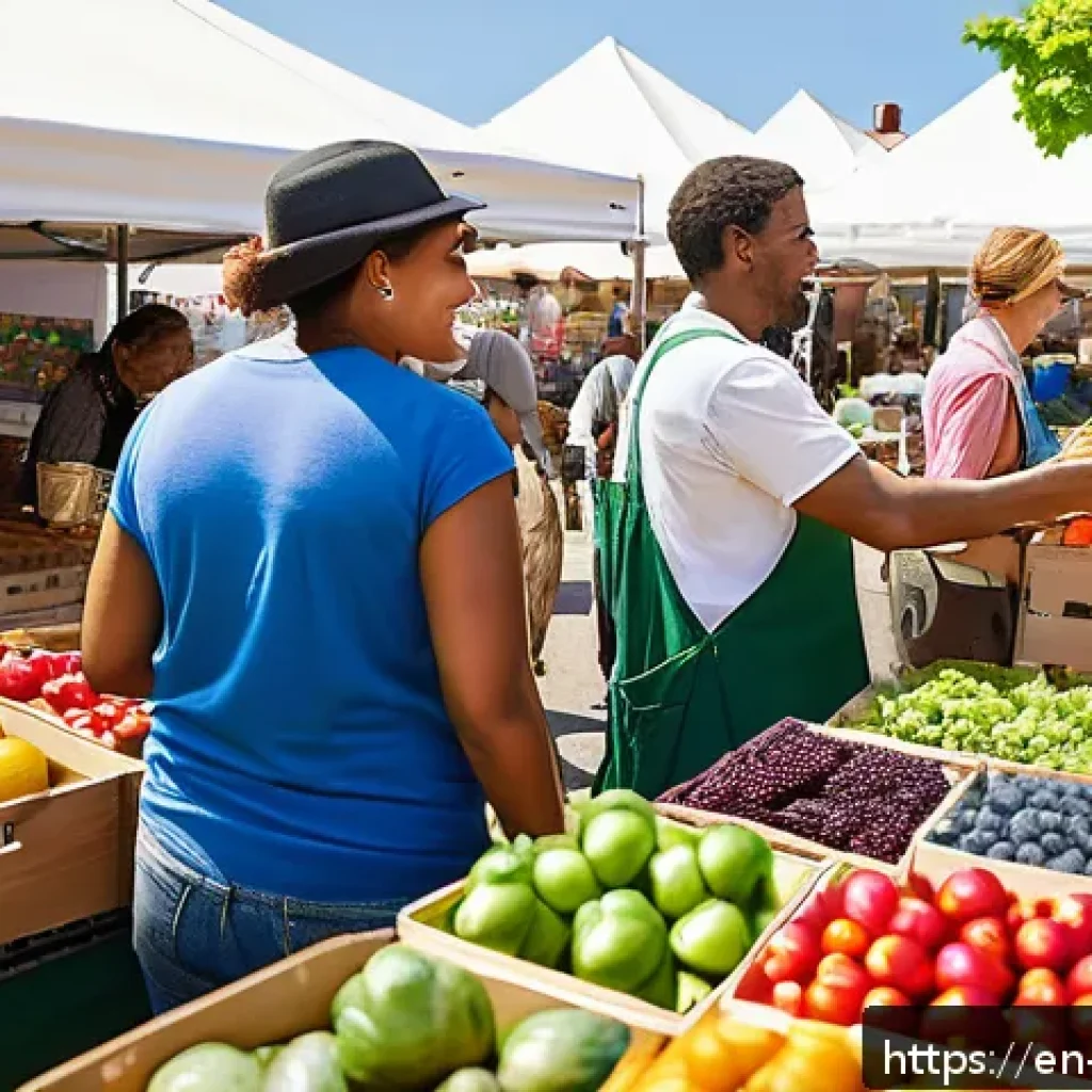 사회적 가치와 윤리적 소비 - A vibrant farmers market scene in a sunny urban neighborhood, featuring diverse shoppers carefully s...