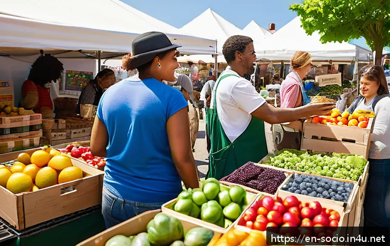 사회적 가치와 윤리적 소비 - A vibrant farmers market scene in a sunny urban neighborhood, featuring diverse shoppers carefully s...