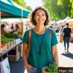 사회계층과 소비문화 - A modern, eco-conscious urban woman shopping at a vibrant farmers market in a sunny city park, holdi...