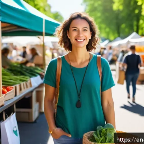 사회계층과 소비문화 - A modern, eco-conscious urban woman shopping at a vibrant farmers market in a sunny city park, holdi...