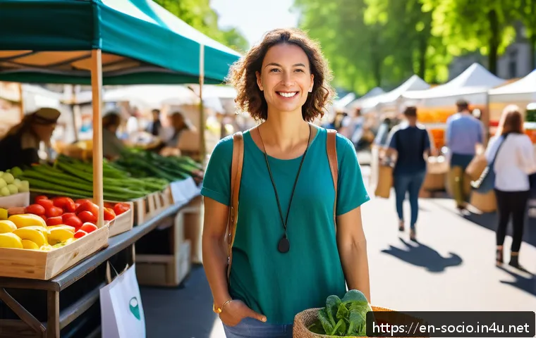 사회계층과 소비문화 - A modern, eco-conscious urban woman shopping at a vibrant farmers market in a sunny city park, holdi...