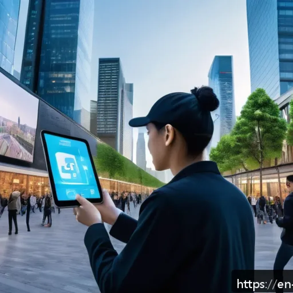 빅데이터와 사회연구 - A futuristic urban scene showcasing diverse people interacting with augmented reality interfaces dis...