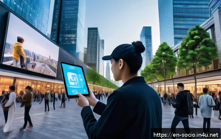빅데이터와 사회연구 - A futuristic urban scene showcasing diverse people interacting with augmented reality interfaces dis...
