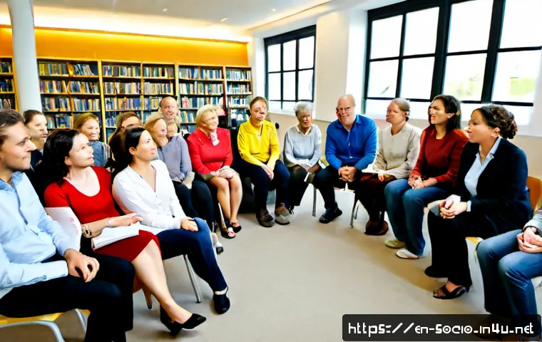 Home 17 페미니즘과 사회적 변화 - Photorealistic community town hall discussion in a bright modern public library, a diverse group of ...